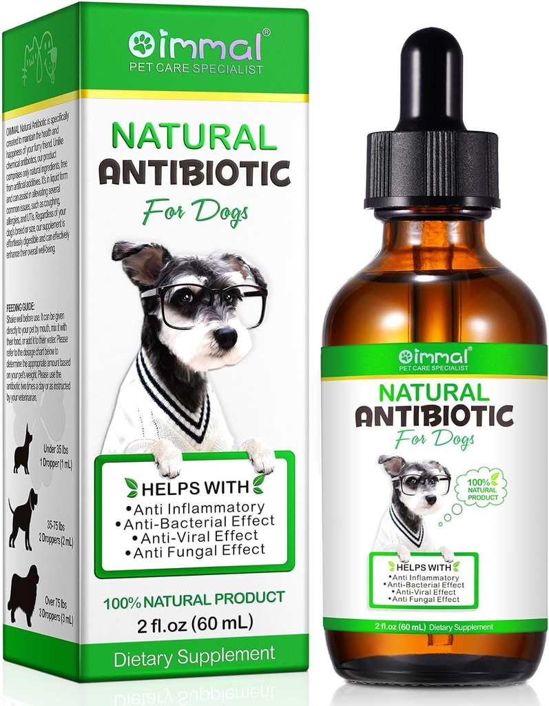 Antibiótico para perros, antibióticos de perros naturales Suplemento Apoya Tratamiento de perros UTI, Alivio de Alergía, Digestión, Infección de carne de piel " Orejas picantes, Suplemento herbal con sabor a tocino - 60 ml / 2.02oz
