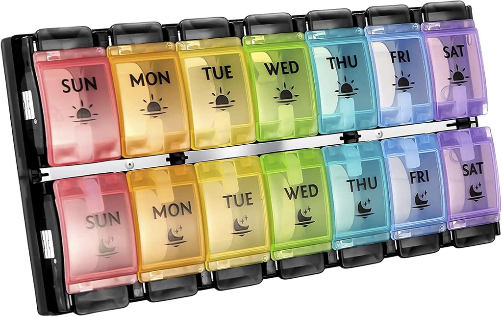 FGcase AM PM Organizador semanal de 7 días de píldoras, gran caja de píldoras diarias con botón de empuje fácil, contenedor de pigmentos para la medicina, vitamina, píldoras, aceite de pescado y suplemento