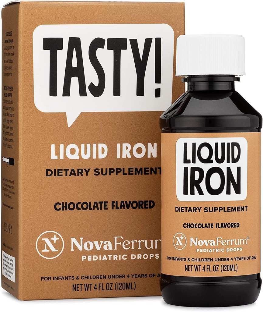 NovaFerrum Tasty ← gotas pediátricas Suplemento de Hierro Líquido para bebés, niños pequeños " niños sometidos 15mg of Iron Per 1mL Dose Silencioso Edades 4 " Bajo ← Gluten Free ← Chocolate Flavored Silencio 120 Servings
