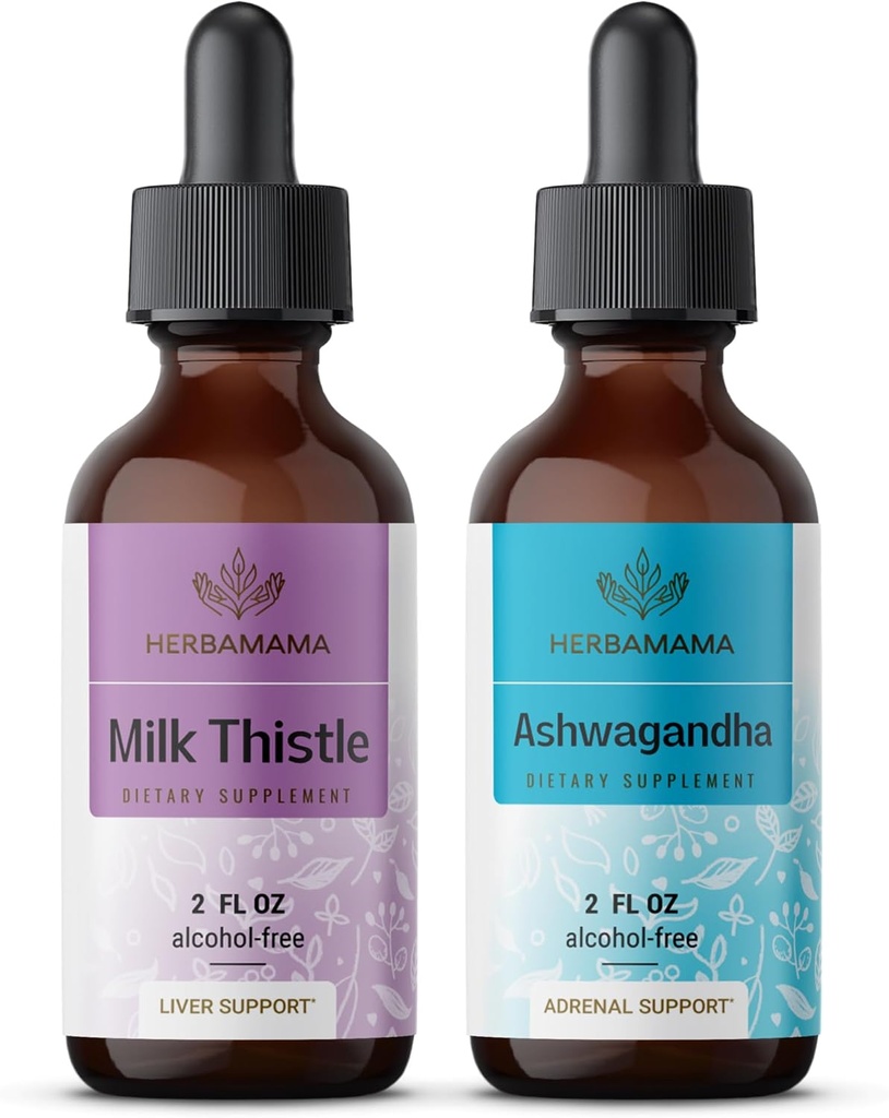 HerBAMAMA Herbal Liquid Drops Kit - Bundle of Milk Thistle Extract " Ashwagandha Root Tincture 2 fl oz - Vegan, Non-GMO, Sugar " Alcohol-Free - 2 Pack