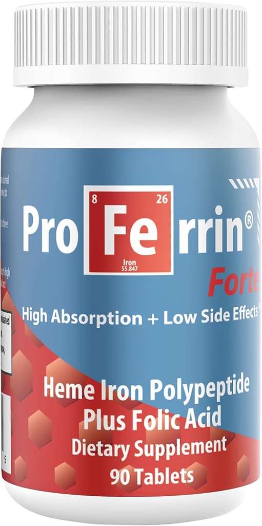 Proferrin Forte-12mg de alto Absorbing Heme Iron Polypeptide. Fácil en el Gut. 90 Tabletas. 1 mg de ácido fólico para ayudar en la producción de glóbulos rojos. No afectado por el café, el calcio o el PPI.