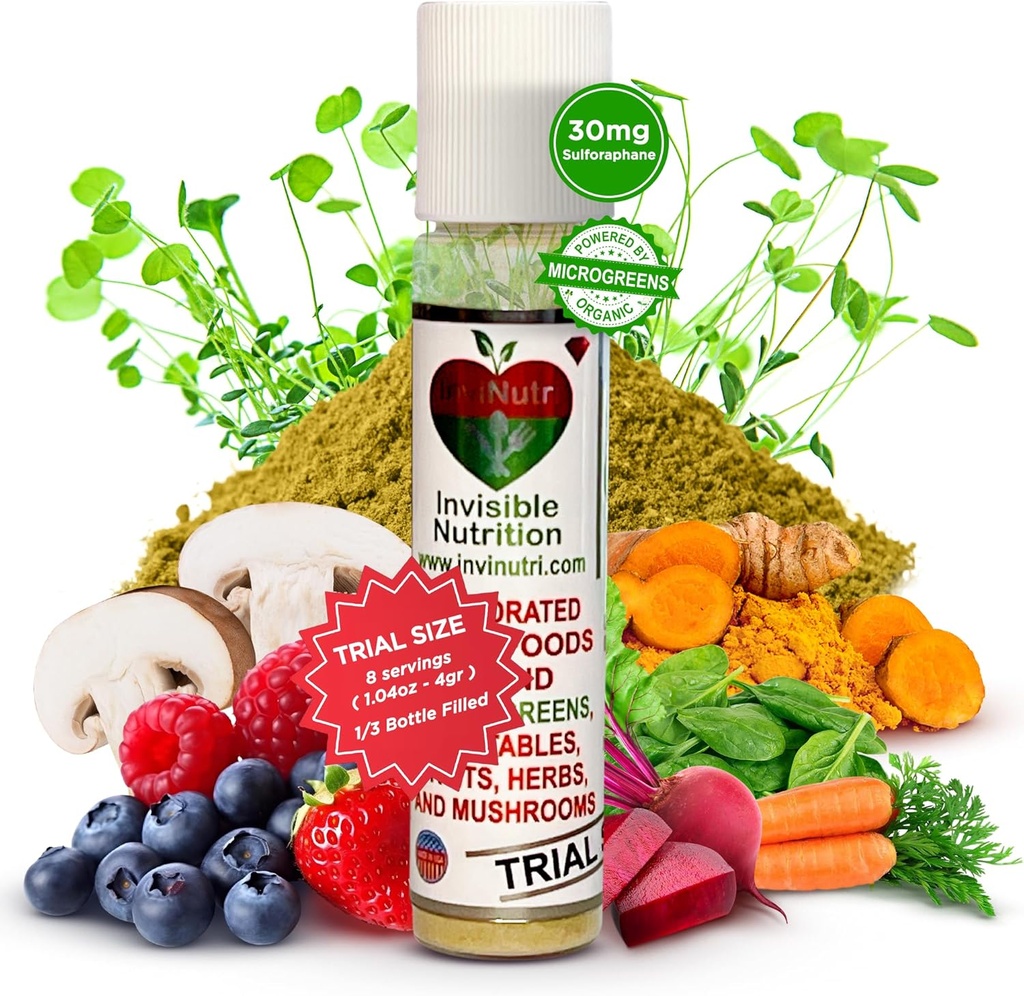 InviNutri Superfood Powder for Picky Eaters – Sensory-Friendly, 40x Nutrient-Rich, 30mg Sulforaphane – Microgreens orgánicos, Frutas & verduras – Blends Invisiblemente Into Most Meals - Trial Portion