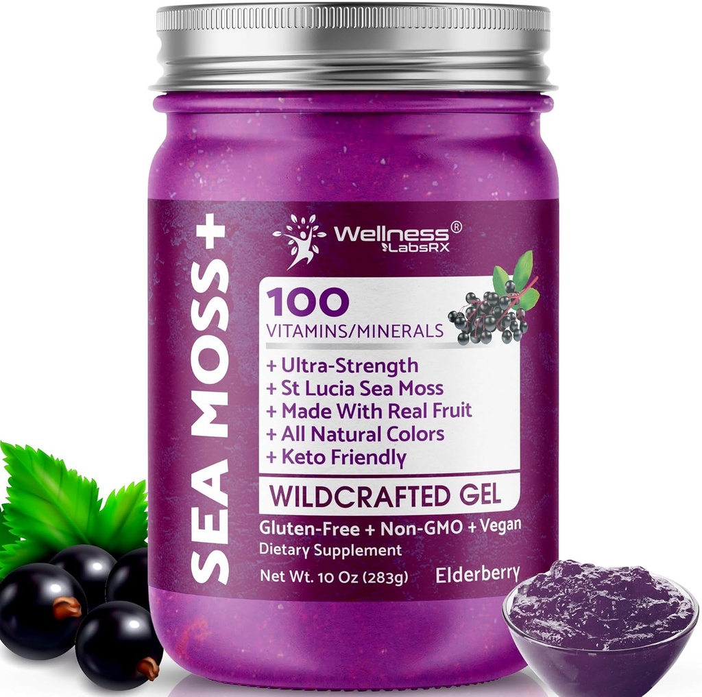 WELLNESS LABSRX Irish Sea Moss Gel Raw - Wildcrafted Superfood Seamoss Gel - Elderberry Flavor, Vitamina y Mineral-Rich de Pristine Caribbean Waters, Immune y Digestive Health Support - 10 oz.