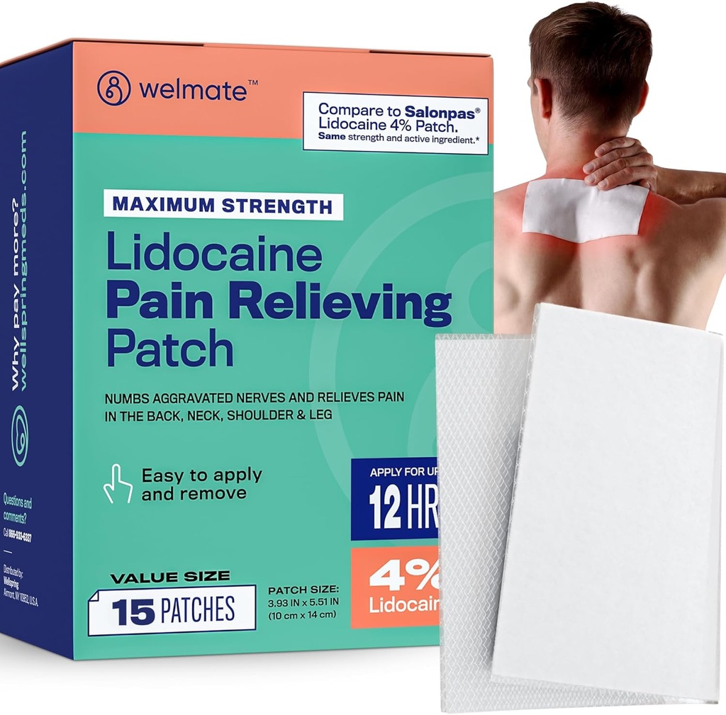 Patches de dolor WELMATE Lidocaína de fuerza máxima 4% Topical Numbing Analgesic – Lidocaine Patches for Nerve & Back Pain Relief, Sciatica, Neck Muscle Strain, Knee, Agujero Conjunto, Hip, Pie (15ct)