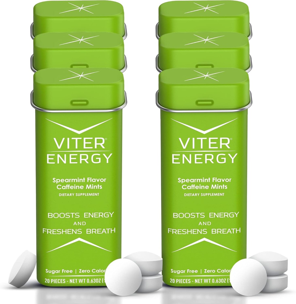 Viter Energy 40mg Caffeine Mints - Sugar Gratis, B Vitaminas, Vegan, Boosts Fast Energized Alert Focus, Caffeinated Nootropic Supplement Pills (Spearmint Flavor, 20pcs, 6 Pack, 120pcs Total)