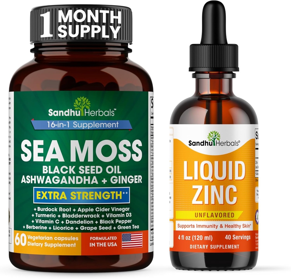 SANDHUHERBALS Sandhu Herbals Sea Moss 60 Capsules & Liquid Zinc Ionic Drops Suplemento 4 fl oz Silencioso Suplemento para Hombres &amp; Mujeres sometidas Made in USA