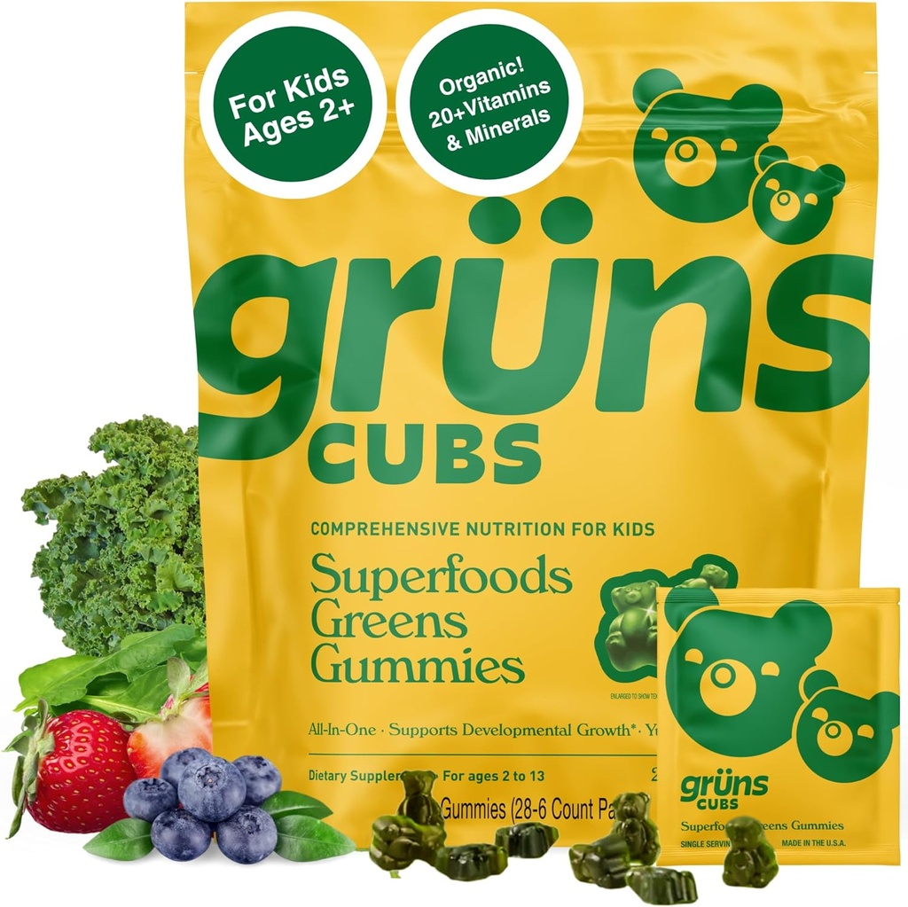 Gruns Multivitamin for Kids, Super Greens Gummies, Superfood Gummy Bears con 20+ Vitaminas & Minerales, Spirulina, Clorella, Prebióticos Fiber for Digestive Health, Adaptogens Supplement, 28 day Supply