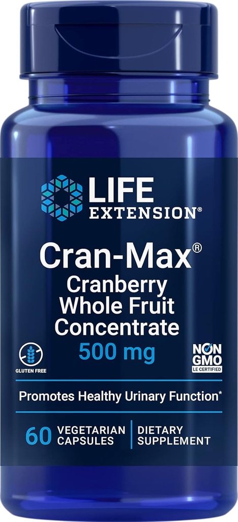 Extensión de la vida Cran-Max®, 500 mg, Concentrado de frutas enteras de arándano, promueve la salud del tracto urinario con potentes antioxidantes, libre de gluten, vegetariano, no GMO, 60 cápsulas