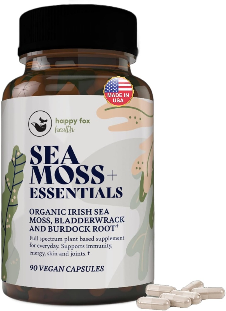 HAPPY FOX Irish Sea Moss Capsules con Burdock Root & Bladderwrack - Alternativa a Seamoss Gummies o Powder, 90 Vegan Capsules, Made in USA