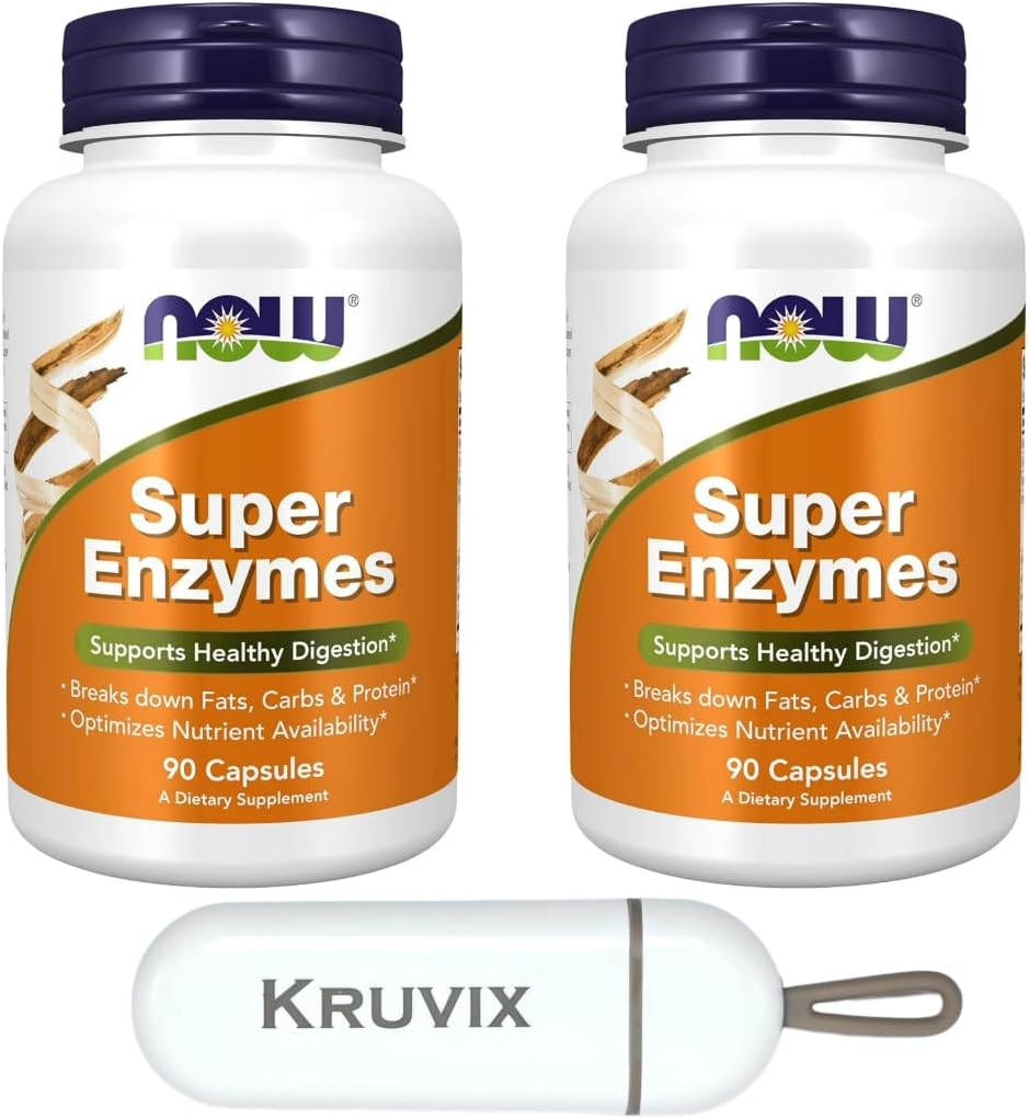 AHORA Suplementos de alimentos, Super Enzymes ← Formulado con Bromelain, Ox Bile, Pancreatin y Papain, Super Enzymes TEN 90 cápsulas - Pack de 2 con organizador de píldoras