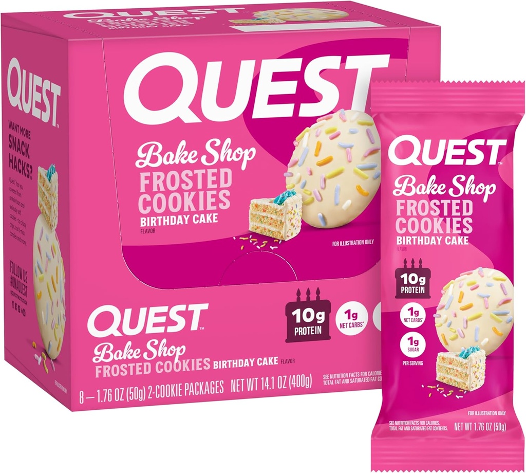 Quest Nutrition Frosted Cookies Twin Pack, Cake de Cumpleaños, 1g Sugar, 10g Protein, 2g Net Carbs, Gluten Free, 8 Conde(Pack of 1)