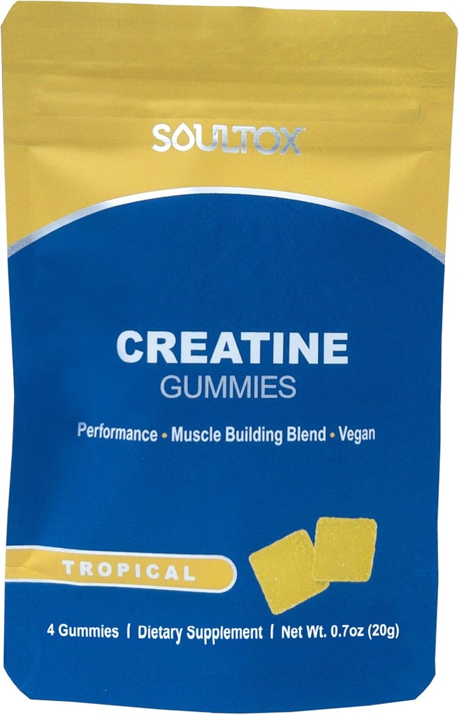 Soultox Creatine Gummy Packs - Flavor Tropical - Infundido con Monohidrato de Creatina - Potent Muscle Growth Support - Delicious &amp; All Natural Vegan Formula for Guilt Free Indulgence - 10 Pack