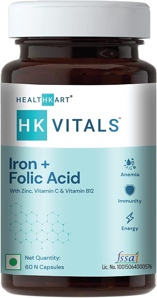 Salud k Hierro + Folic Acid Suplemento, con Zinc, Vitamina C & Vitamina B12, apoya la construcción de sangre, inmunidad y energía, 60 cápsulas de ácido fólico de hierro