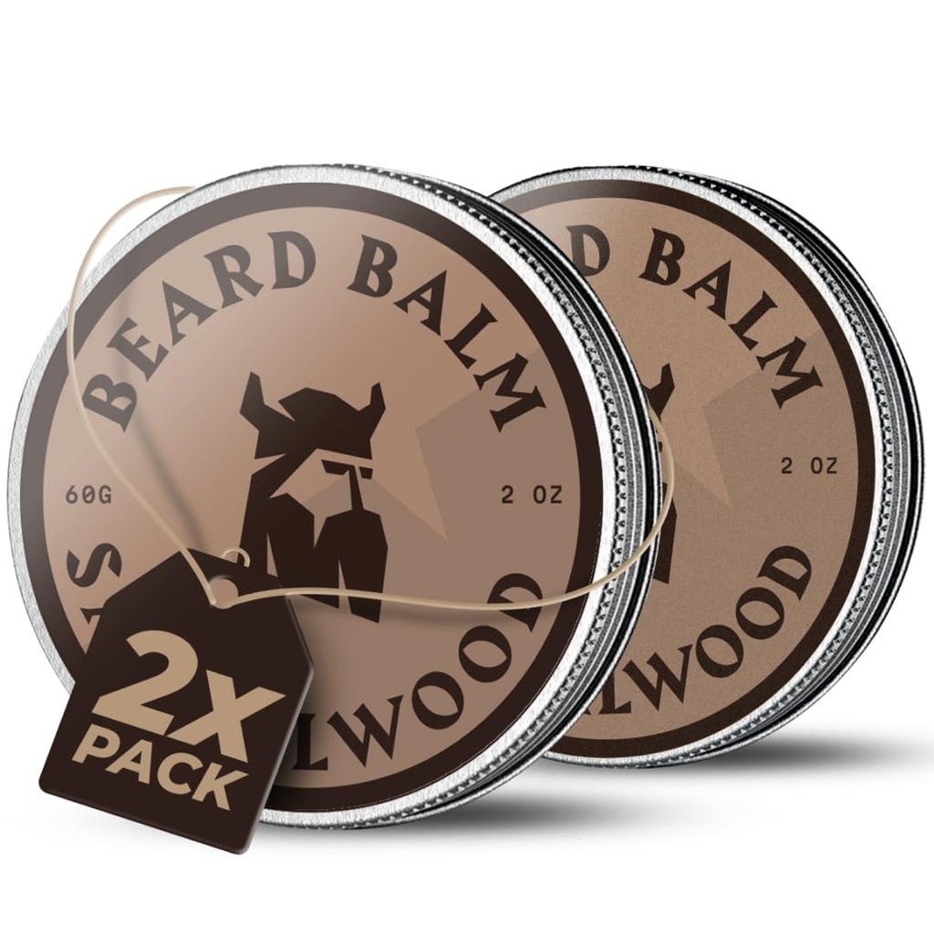 Bálsamo de barba vikinga para hombres - Salir en la barba acondicionador - Bálsamo picante Hecho con mantequilla de barba naturalmente derivada, aceites Argan & Jojoba (4 onzas (Pack of 2), Sandalwood)