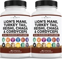 León Mane Mushroom Suplemento con Turquía Tail Reishi Cordyceps Chaga con Marshmallow Root - 2-Pack