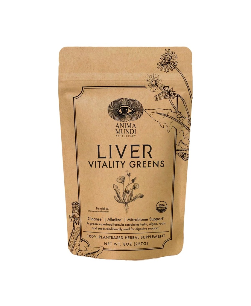 Anima Mundi Apothecary Super Greens Powder - Vitalidad del hígado - Ecológicos Superfood Greens " Herbal Prebiotics for Liver Detox, Cleanse &amp; Support - with Fair Trade Dandelion, Milk Thistle " More (8oz)