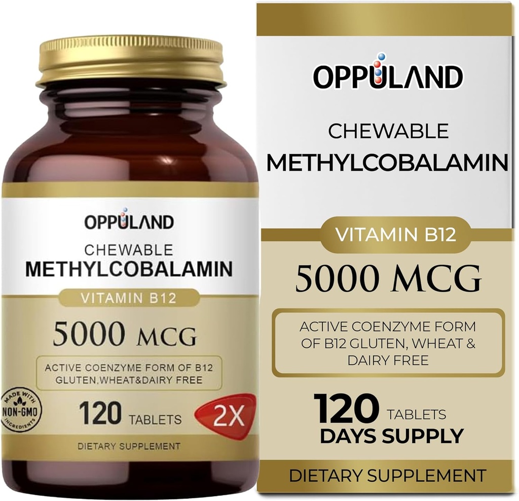Methyl B-12 5000mcg Chewable with Folate - Vitamin B12 Methylcobalamin Sublingual Tablets - Supports Energy & Brain Function - Vegan Supplement - Orange Flavor - 120 Count