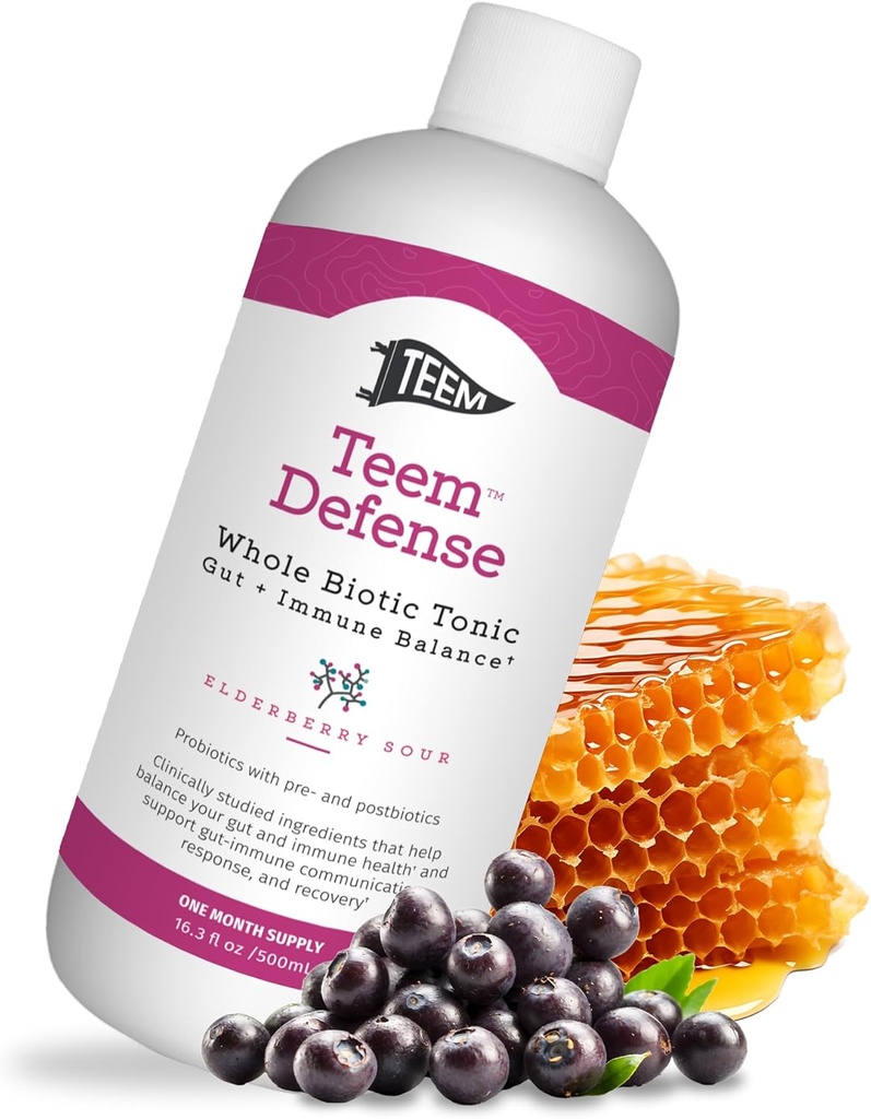 Teem Defense Probiótico líquido con elderberry, Tonico biotico completo para la digestión &amp; inmuno, Probiótico prebiótico & suplemento postbiótico para niños y adultos, 30 días fuente – 16.3 Fl.Oz