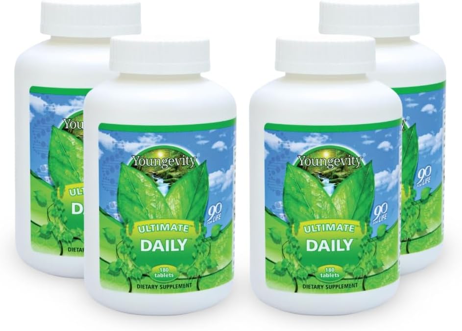 Youngevity Ultimate Daily Mega Multivitamin - 20+ Vitaminas y Minerales w/ CoQ10 - Vitaminas A, C, D, E, Zinc, Folate, Selenium, Calcio, Cromo y Más - Alta Aborción 180 Tabletas (Pack of 4)