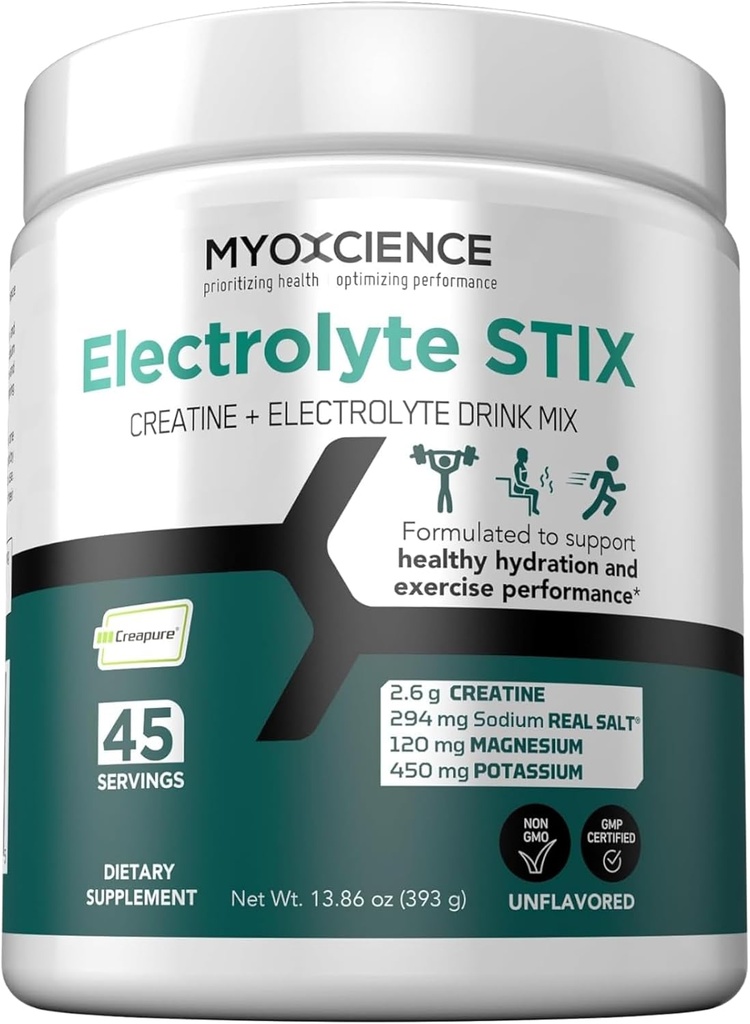MYOXCIENCE Electrolyte STIX ← Creatine Electrolyte Powder  durable Recuperación del ejercicio &amp; Muscle Development w/Real Salt (Unflavored) (Jar 45 ct)