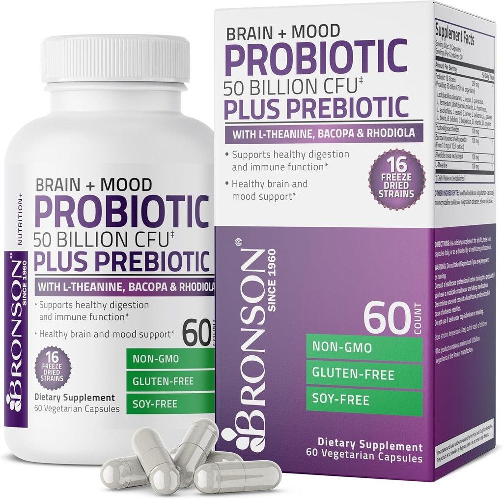 Bronson Brain + Mood Probiotic 50 Billion CFU Plus Prebiótico con L-Theanine, Bacopa y Rhodiola Non-GMO, 60 cápsulas vegetarianas