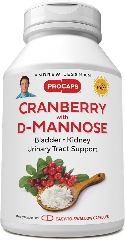 ANDREW LESSMAN Cranberry with D-Mannose - 360 Capsules - Supports Bladder, Kidney and Urinary Tract Health. Concentrado de arándanos estandarizado de alta potencia y D-Mannose. Cápsulas fáciles de absorber