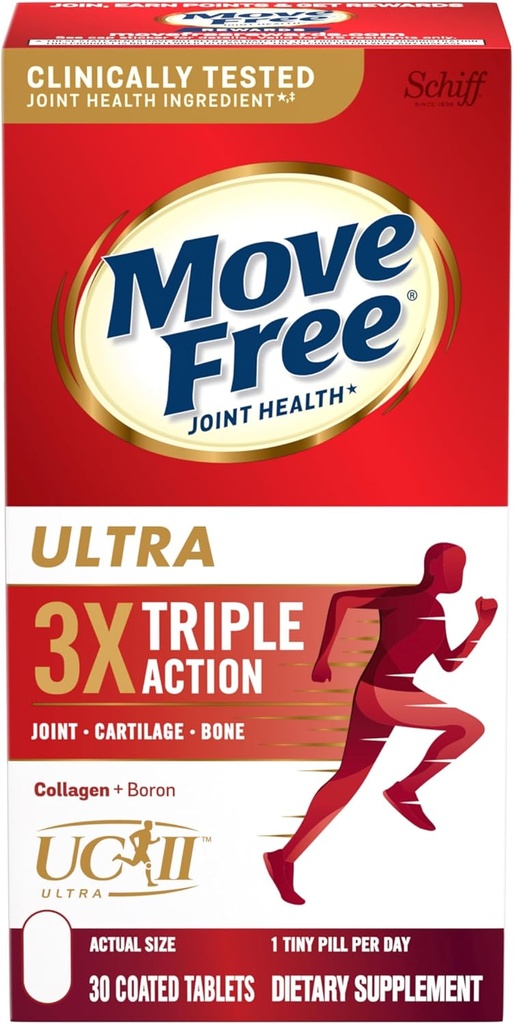 Mover libre ultra triple acción conjunto de apoyo Suplemento - Tipo II Collagen Boron " Hialuronic Acid - Soportes Conjunto Comfort, Cartiliage " Huesos en 1 Tiny Pill Por día, 30 Tablets (30 porciones)*