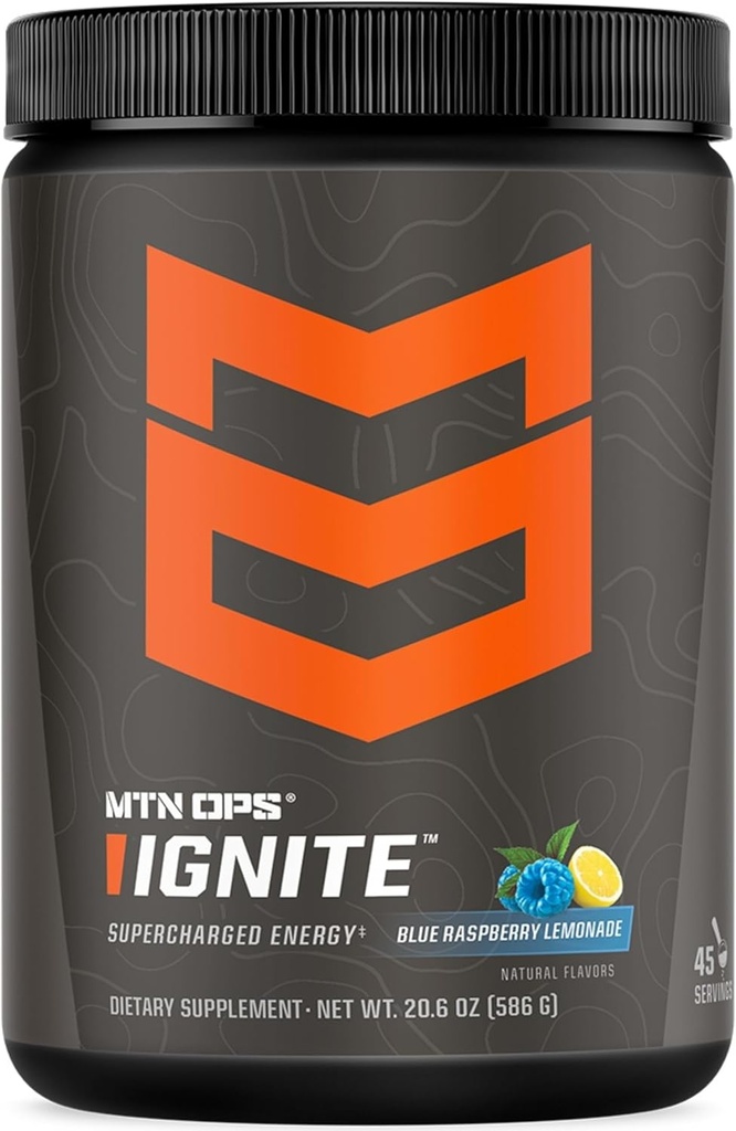 MTN OPS Ignite Energy Drink Powder, Gluten Free Nootropic Supplement Drink Mix, L Arginine, L Citrulline, Caffeine &amp; Nootropic Sugar Free Drink Mix, 45 Servings, Blue Raspberry Lemonade