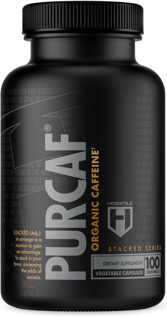 HOSSTILE PurCaf Caffeine Capsules orgánicos, Suplemento de Energía Natural, No Cangrejo o Jitters, Pre Workout Focus & Energy, 200mg Por Serving, 100 Pills