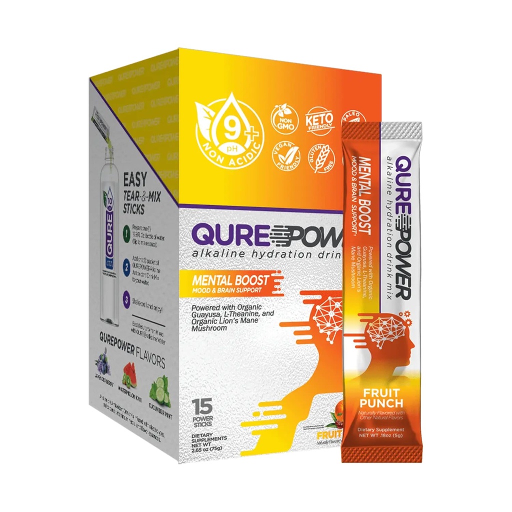 QURE Power Mental Boost for Focus and Mental Clarity, Alkaline Nootropic Brain Support with Organic Guayusa, Organic Lion's Mane Mushroom, L-Theanine, Caffeine -15 Easy Open Sticks, Made in the USA