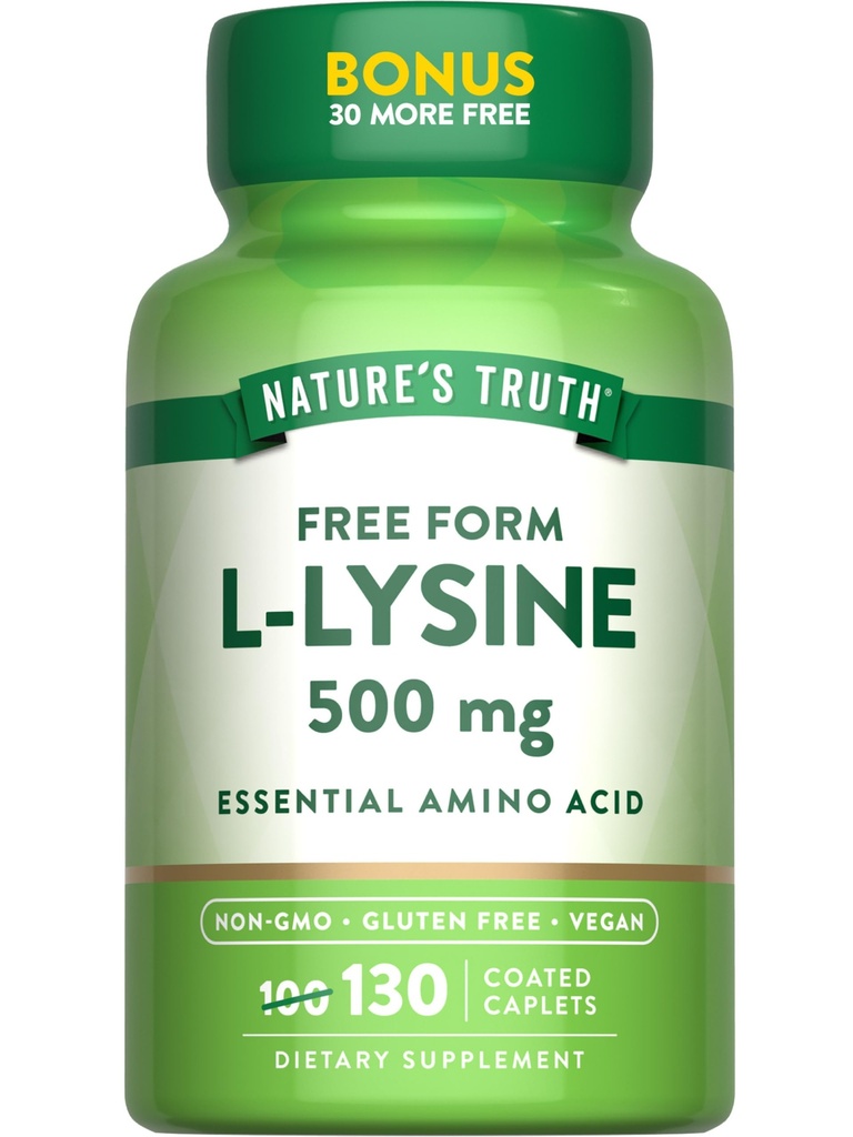 La verdad de la naturaleza L-Lysine 500mg ← 130 Coated Caplets Silencio Forma libre Silencio Aminoácido esencial Silencioso Vegan, No GMO, &amp; Gluten Free Supplement
