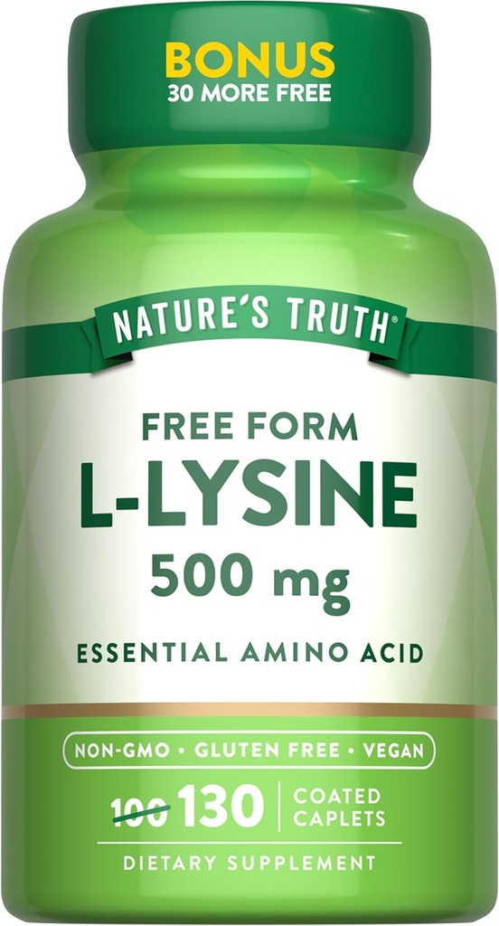 Nature's Truth L-Lysine 500mg | 130 Coated Caplets | Free Form | Essential Amino Acid | Vegan, Non-GMO, & Gluten Free Supplement