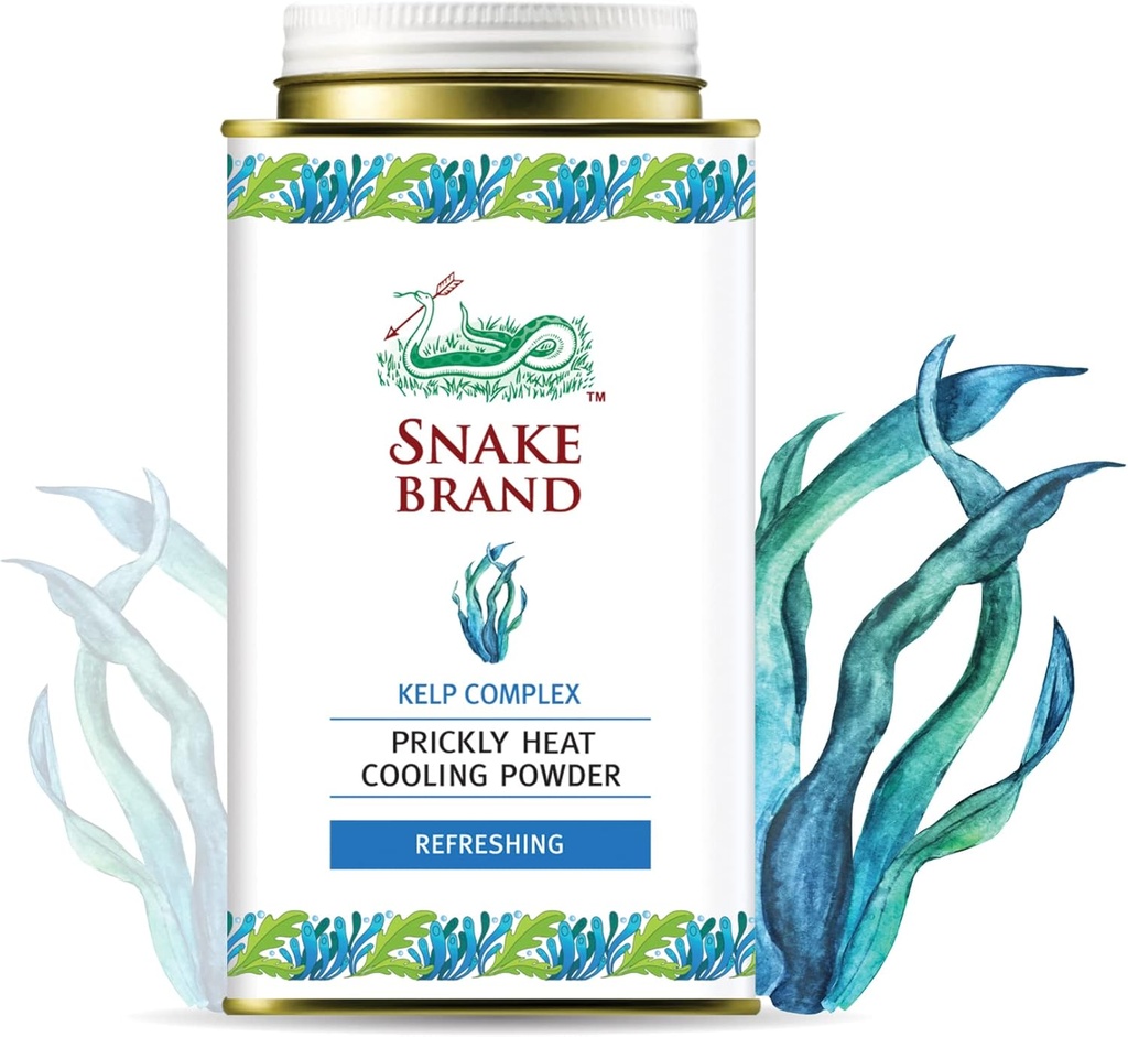 Snake Marca Prickly Heat Cooling Powder para uso diario - Anti-Chafing, Heat Rash Relief, Ocean Fresh Kelp Scent (4.9 Oz / 140g)