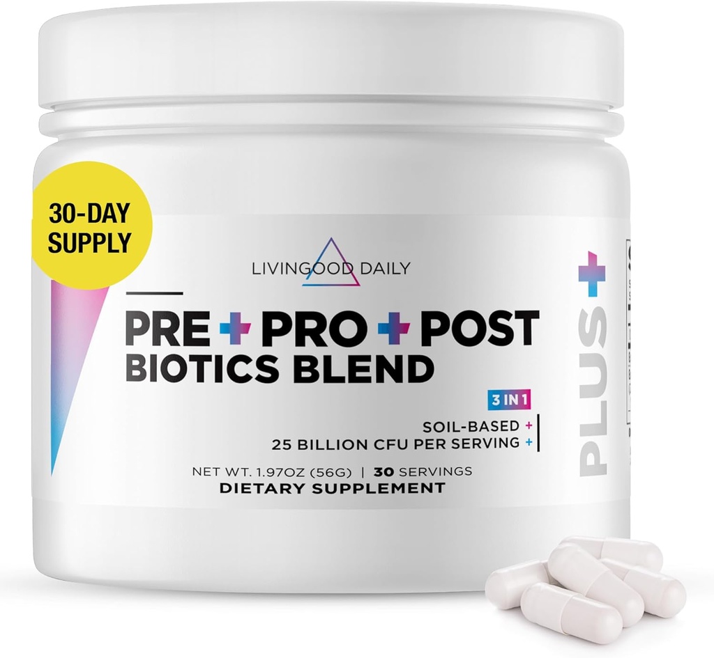 Livingood Daily Pre Pro Post Biotics Blend Powder, Digestive Health Supplement with Prebiotics from Organic Blue Agave Inulin, SBO Probiotics, Probiotics for Women &amp; Men, Non GMO, Vegan, 30 Servings
