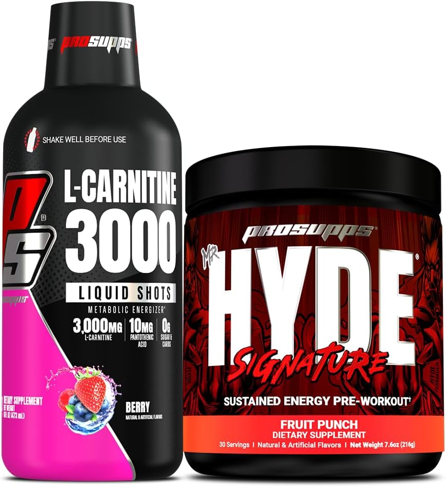 PROSUPPS L-Carnitine 3000 Stimulant Free Liquid Shots (Berry) y Mr. Hyde Signature Series Pre-Workout Energy Powdered Drink (Fruit Punch) Bundle