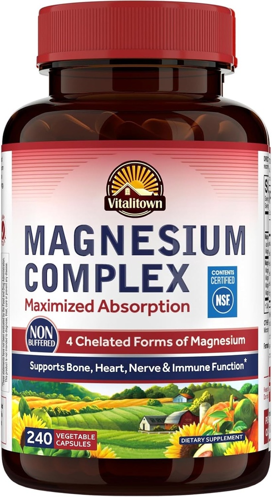 Vitalitown Magnesium Complex Suplemento 500mg, Absorción Máxima, NSF Certified Chelated Magnesium Glycinate, Malate, Taurate & Citrate para el sueño, Energía & Corazón, Vegan, No GMO 240 Caps