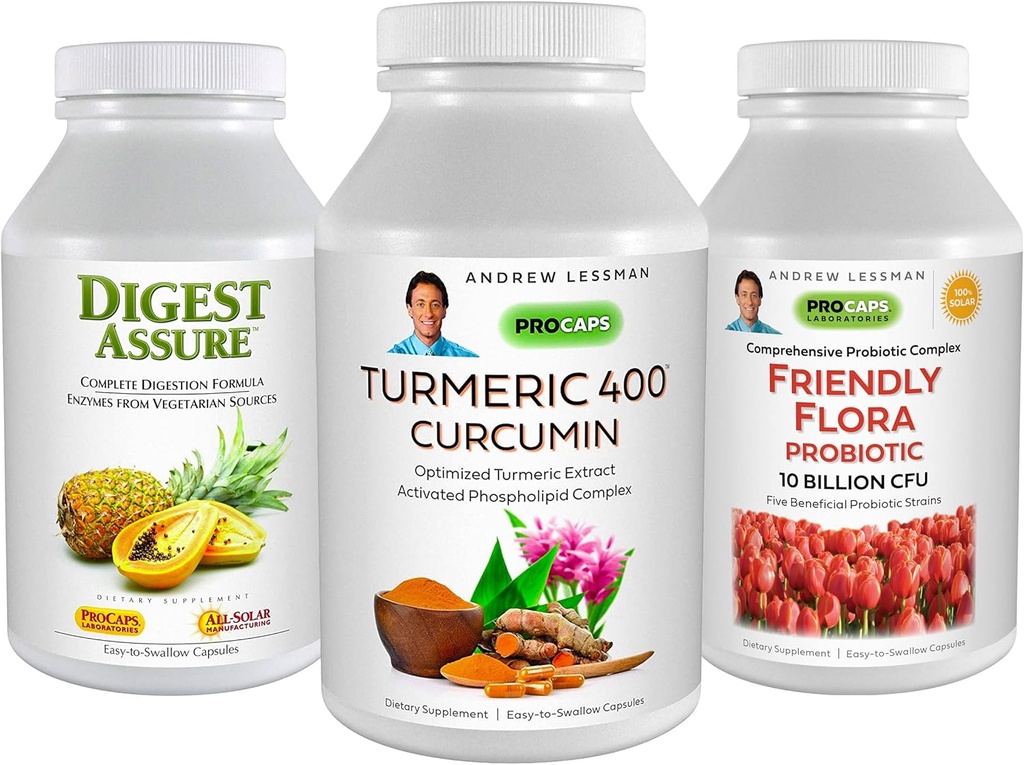 ANDREW LESSMAN 3 Product Digestive Bundle - 30 Capsules Cada una de Turmeric 400 Curcumin, Digest Assure & Ultimate Friendly Flora. Apoyo " Mejorar procesos digestivos saludables.