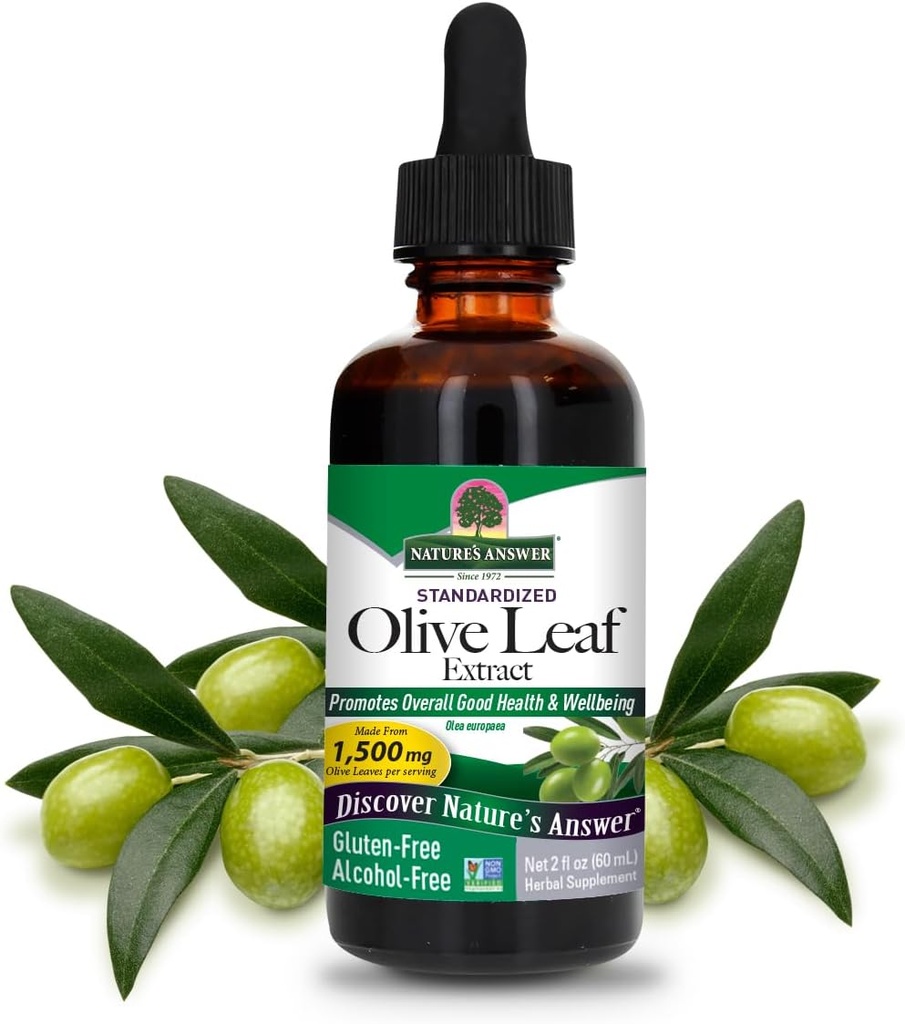 Respuesta de la naturaleza Extracto de la hoja de oliva, libre de alcohol, no GMO, Vegan, libre de gluten, hecho en EE.UU., 2 onzas vivieron Extracto de la hoja de oliva para bienestar