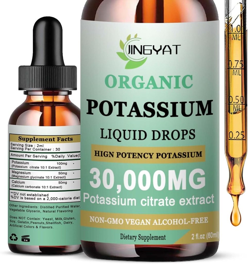 Potasio Magnesio gotas líquidas - Suplemento líquido orgánico - Absorción alta Potasio Citrate 1000mg Magnesio Glycinate 500mg Calcium for Heart,Crámpos de limón &amp; Muscle - No GMO, Vegan, 2 oz