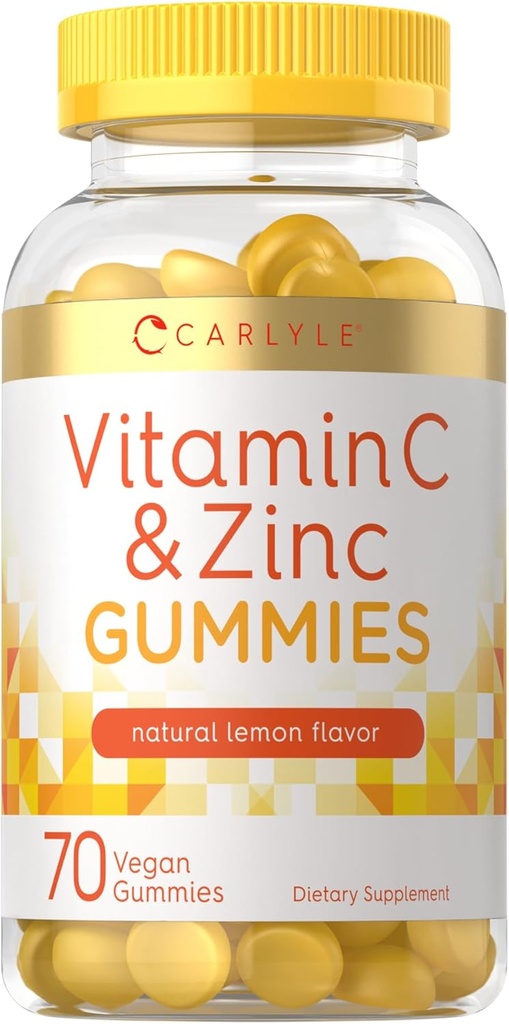 Carlyle Vitamina C y Zinc Gummies Silencio 70 Conde ← Lemon Flavor Silencio Vegan, No GMO y Gluten Suplemento Gratis