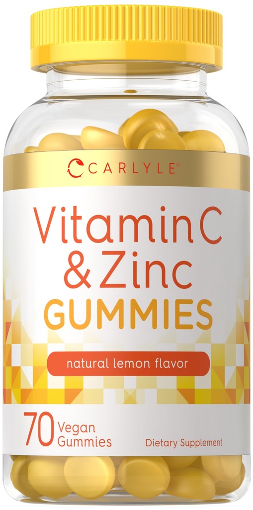 Carlyle Vitamina C y Zinc Gummies Silencio 70 Conde ← Lemon Flavor Silencio Vegan, No GMO y Gluten Suplemento Gratis
