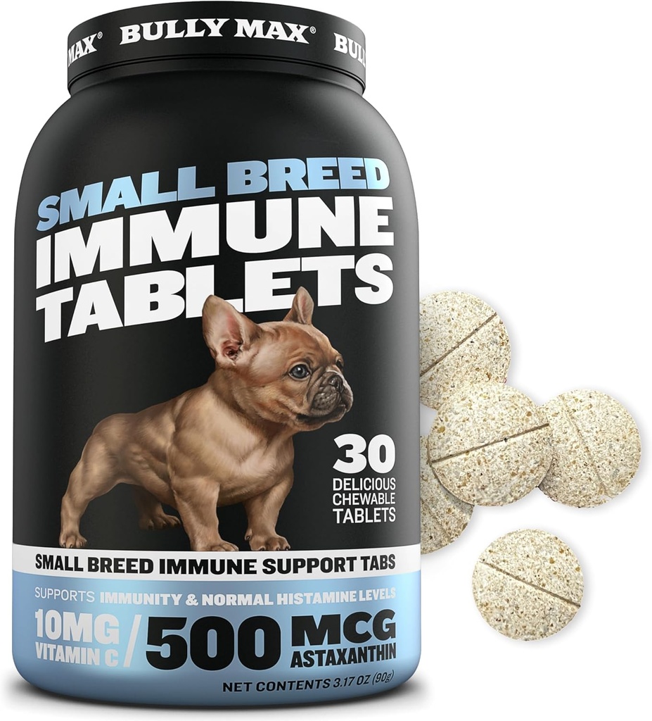 Bully Max Small Breed Dog Immune Support Tablets - Chewable Dog Multivitamin Immunity Booster Suplemento Tabs for Puppy &amp; Adult Dogs - Pet Vitaminas con Astaxanthin, Colostrum, Turmeric - 30 Tablets