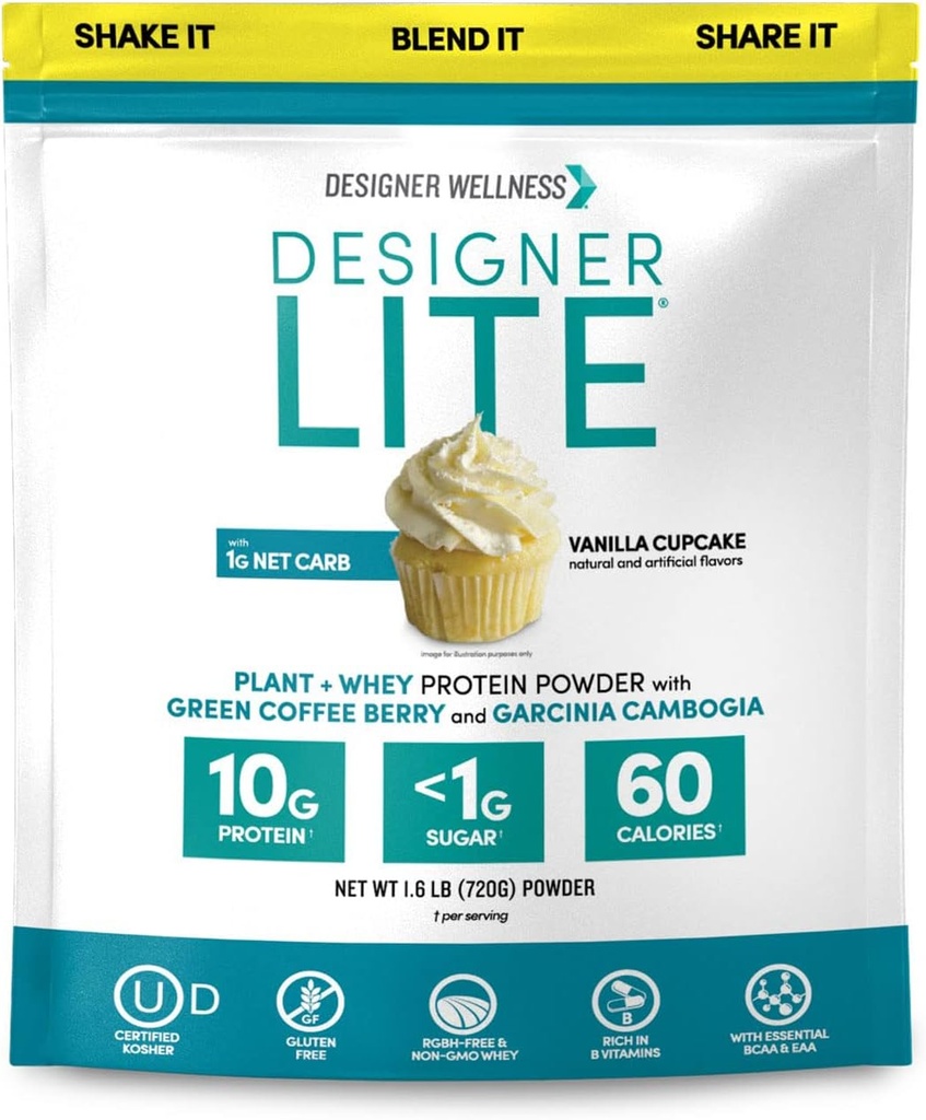 Designer Wellness, Designer Lite, Low Calorie Natural Protein, Prebiotic Fiber, Key Vitamins & Minerals, Vanilla Cupcake, 25.6 onzas