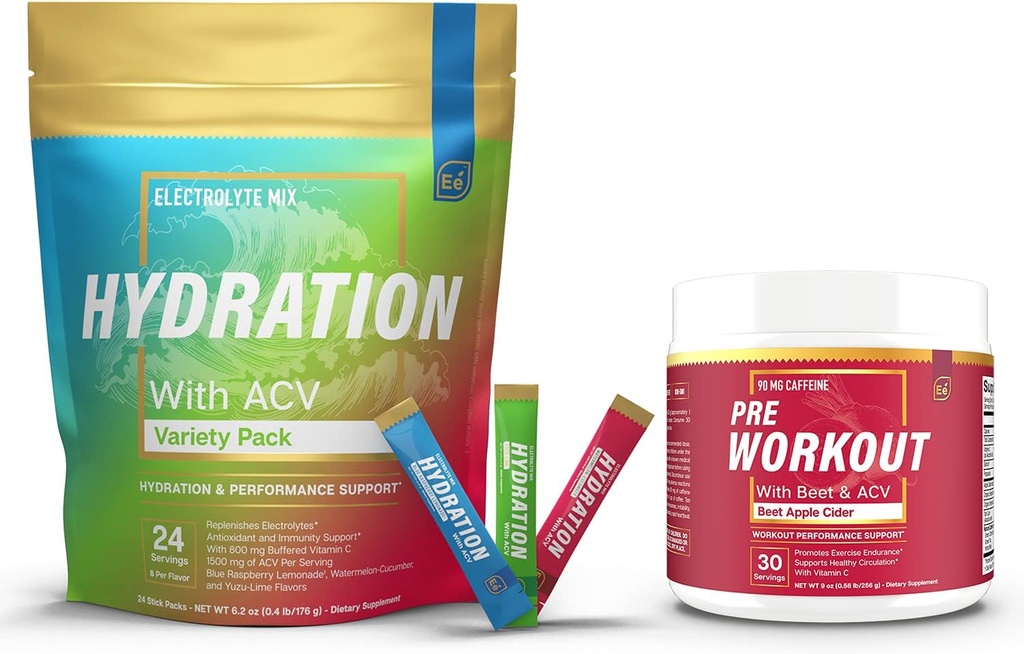 Variedad - 24 Stick Packs " PreWorkout Powder con ACV ← Calor, Ejercicio, Viajes, Hidratación diaria + Superfood Energy " All-Natural Nitric Oxide Booster Plus Caffeine