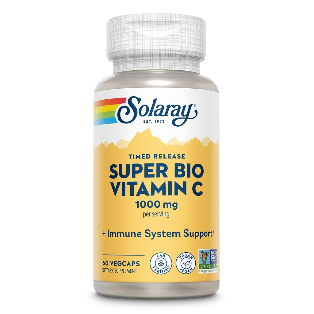 SOLARAY Super Bio Buffered Vitamin C 1000mg, Two-Stage, Timed Release Vitamin C with Bioflavonoids, Immune Support Supplement - High Absorption, Vegan, 60 Day Guarantee, 30 Servings, 60 VegCaps