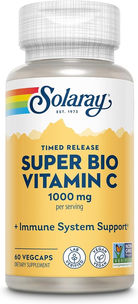 SOLARAY Super Bio Vitamina Buffered C 1000mg, Dos etapas, Timed Release Vitamin C with Bioflavonoids, Immune Support Supplement - High Absorption, Vegan, 60 Day Guarantee, 30 Servings, 60 VegCaps