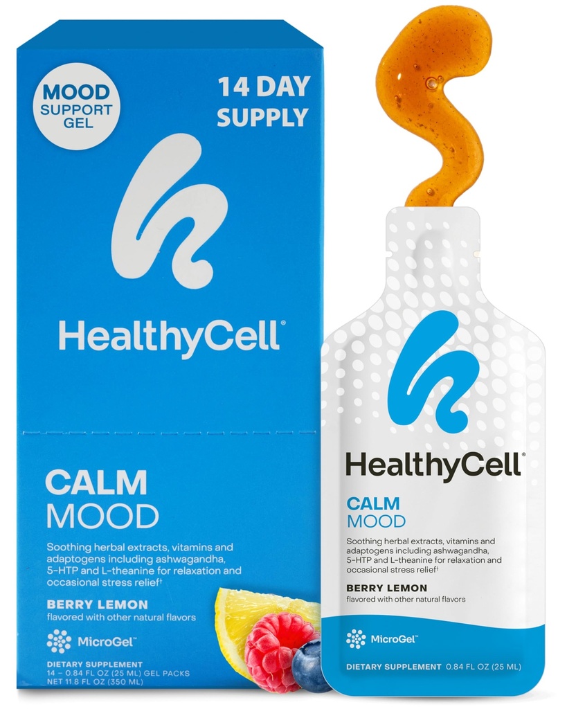 Modo de calma saludable Suplemento líquido diario - Cortisol Manager " Mood Support Supplement for Stress with Ashwagandha, L-Theanine, Magnesium, 5-HTP, GABA " Saffron - 14 Gel Packs