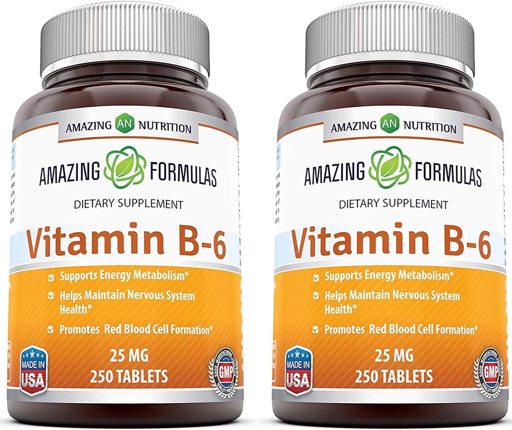 Fórmulas asombrosas Vitamina B6 Piridoxina 25mg 250 Tablets Suplemento No-GMO Silencio Gluten Gratis Silencio Made in USA (2 Pack)