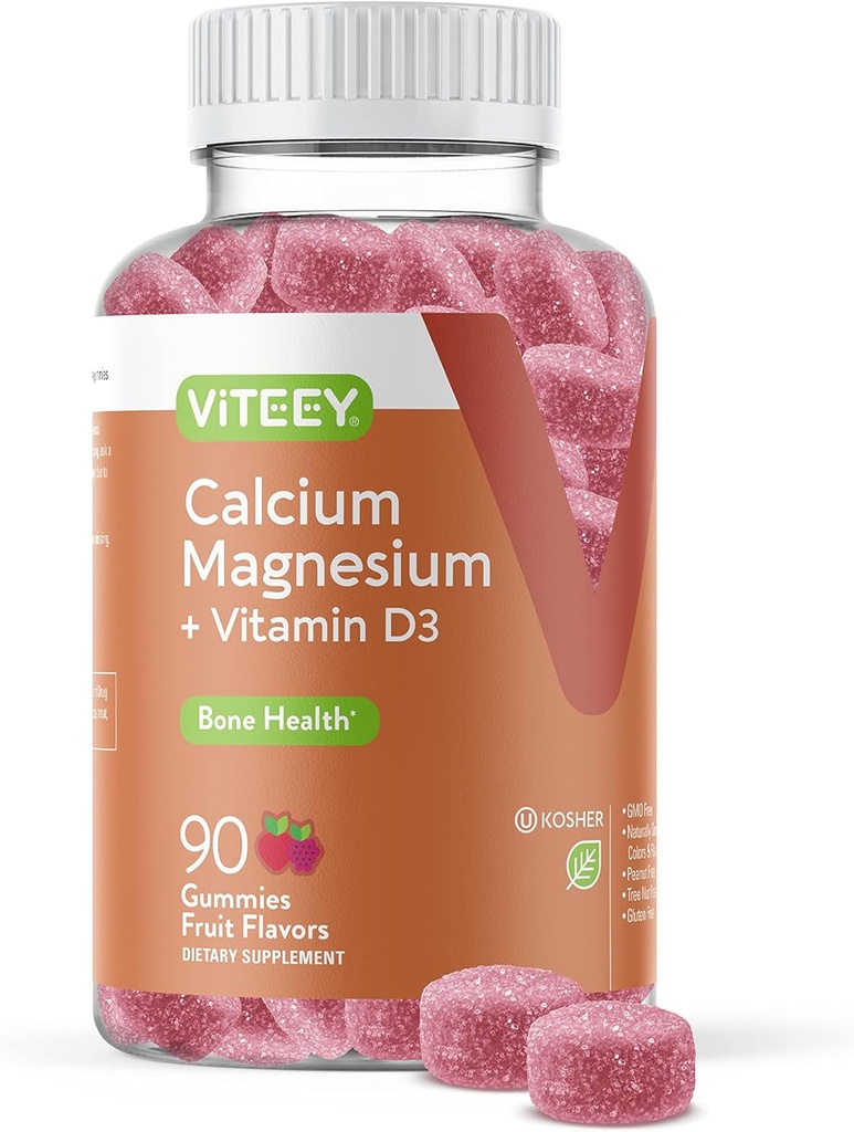 Viteey Calcium Gummies with Vitamin D3 and Magnesium Supplement for Bone Health - Chewable Calcium Supplements for Women &amp; Men - Gluten-Free, Non-GMO - 90 Count
