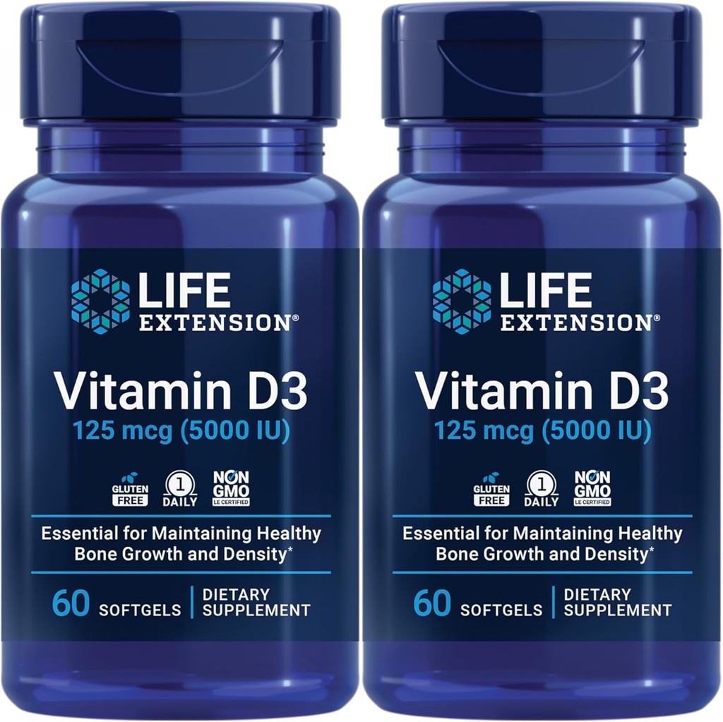 Ampliación de vida Vitamina D3 125 Mcg (5000 Iu) – promueve la salud ósea, la salud cerebral y la función de inmunodeficiencia – no Gluten-Free – Two Pack – 2 x 60 Softgels
